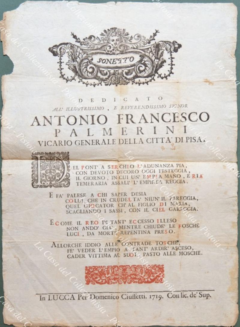 SANTISSIMO CROCIFISSO DEL MIRACOLO. Un sonetto del 1719 per celebrare un miracolo dell’inizio 1500. FOGLIO stampato in Lucca nel 1719