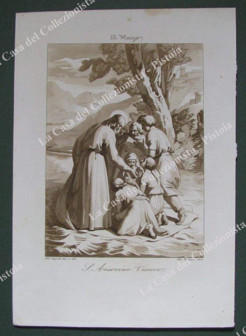 S.ANSOVINO, Vescovo di Camerino. Acquatinta in color seppia, incisa da Wenzel, circa 1840