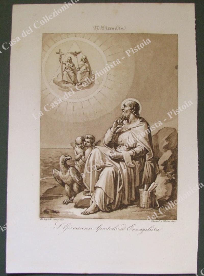 S.GIOVANNI APOSTOLO ED EVANGELISTA, Patrono di Arezzo, dei teologi, editori e scrittori. Acquatinta in color seppia, incisa da Wenzel e Cleter, circa 1840