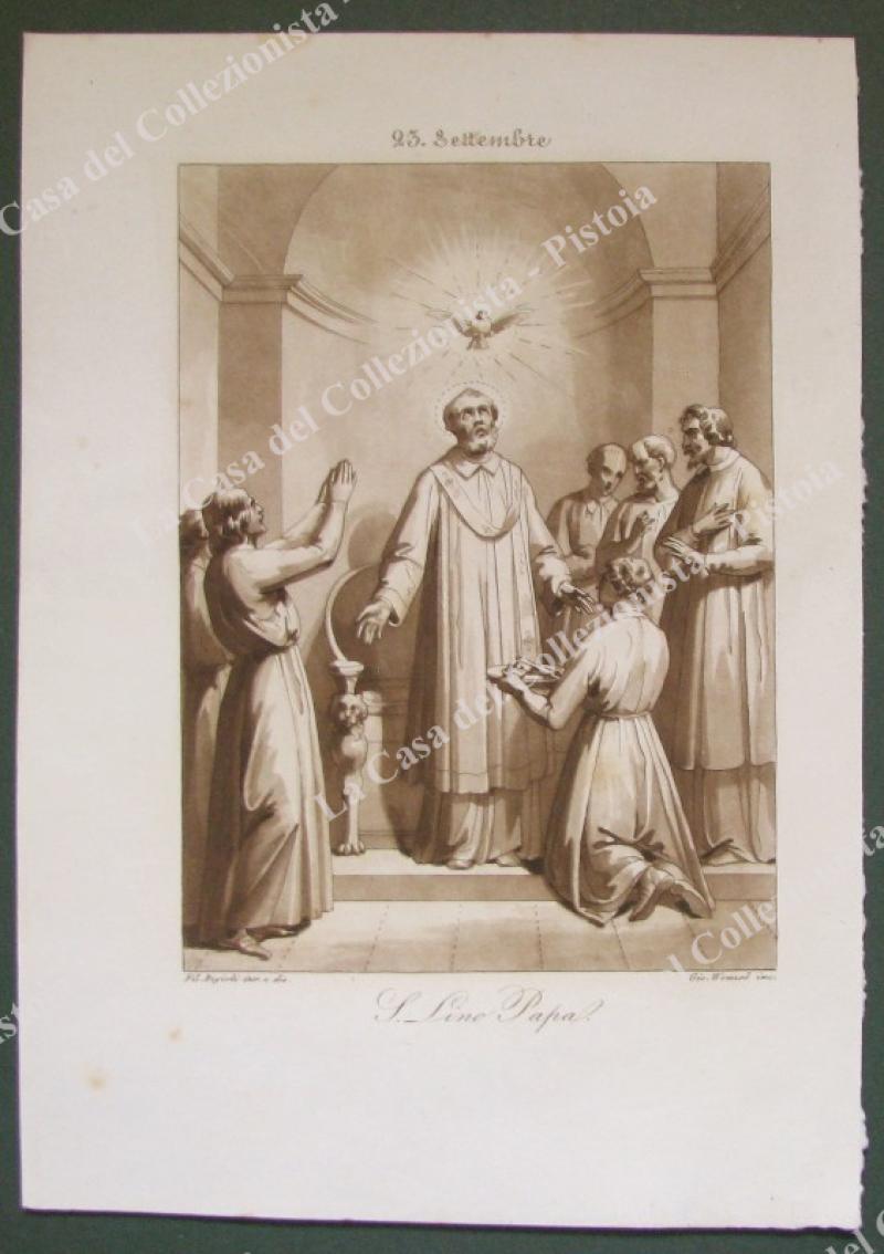 S.LINO PAPA, Patrono di Volterra. Acquatinta in color seppia, incisa da Wenzel, circa 1840