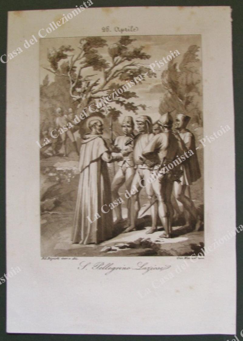 S.PELLEGRINO LAZIOSI, Patrono di Forlì. Acquatinta in color seppia, incisa da Wenzel circa 1840