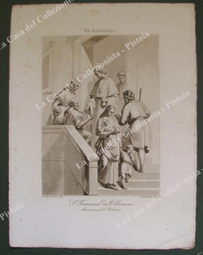 S.TOMMASO DA VILLANOVA. Patrono di Genzano. Acquatinta in color seppia, incisa da Gentilucci, circa 1840