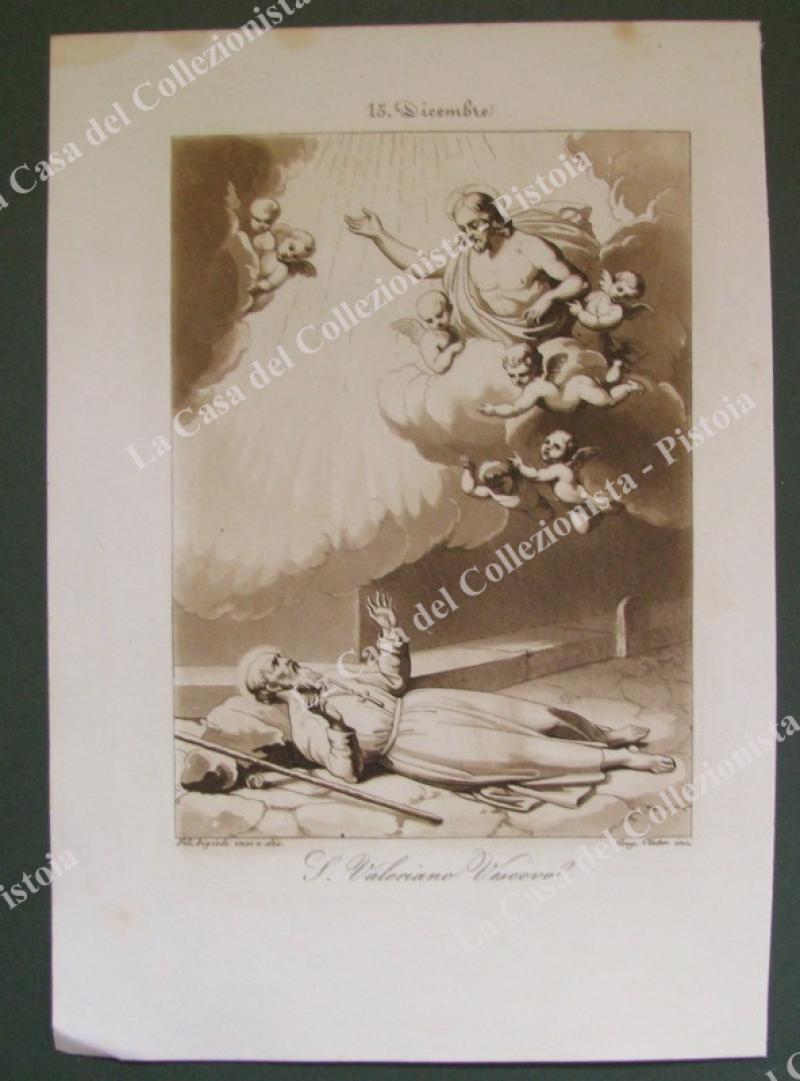 S.VALERIANO VESCOVO, Patrono di Roma. Acquatinta in color seppia, incisa da Cleter, circa 1840