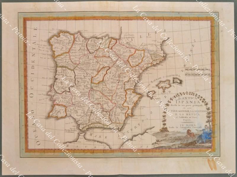 Espana Spagna, anno 1799. L'ANTICA ISPANIA divisa in tre parti principali, che sono LA TARRAGONESE, LA LUSITANIA E LA BETICA e suddivisa ne' suoi Popoli.