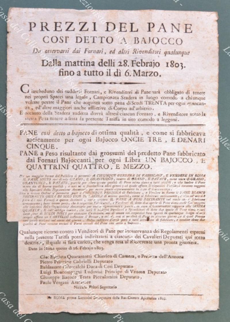 Pane – Stato Pontificio. PREZZI DEL PANE COSI’ DETTO A BAJOCCO Da osservarsi dai Fornari, ed altri Rivenditori qualunque. Bando dato in Roma nel 1803 che regola la vendita del pane.