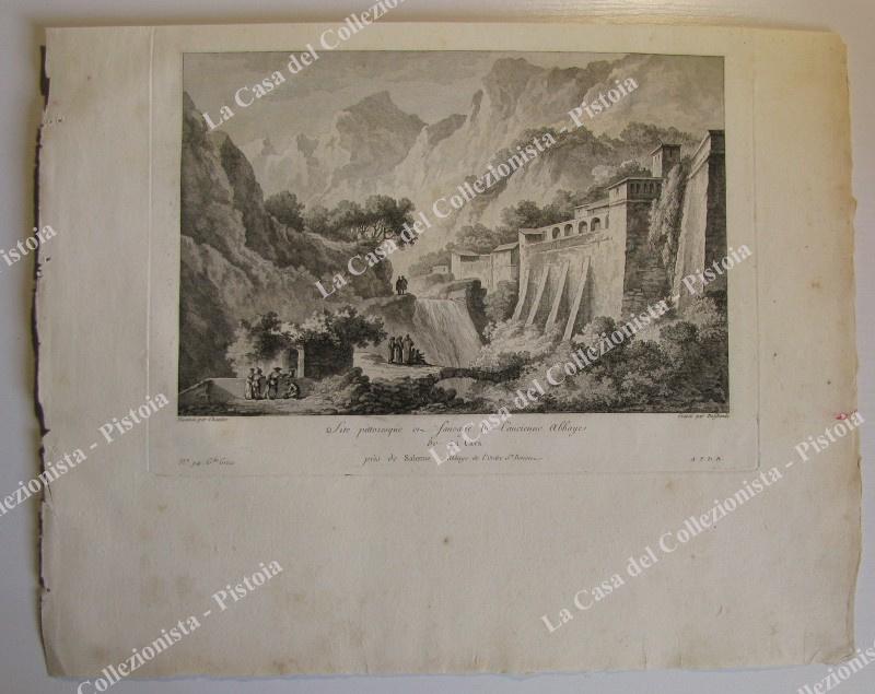 CAVA DEI TIRRENI, Salerno. Pittoresca veduta dell'abbazia. Acquaforte da Saint Non, prima edizione 1781