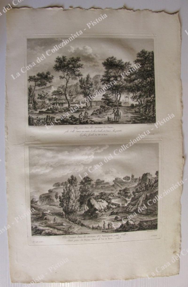 VAL DI NOTO, Sicilia. Due vedute animate prese nei dintorni di Pietrapersa e Piazza. Acquaforte Saint Non, prima edizione Parigi 1781