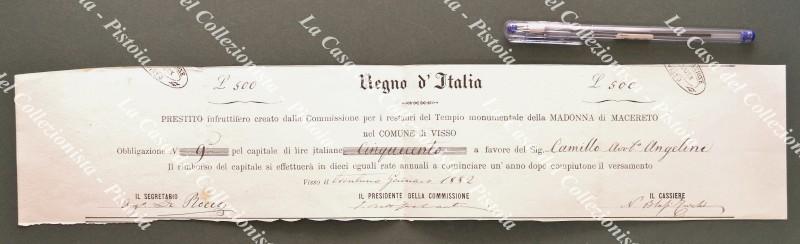 OBBLIGAZIONE n. 9 di Lire 500 emessa il 31 gennaio 1882. PRESTITO infruttifero creato dalla Commissione per i restauri del Tempio monumentale della MADONNA di MACERETO nel COMUNE di VISSO.