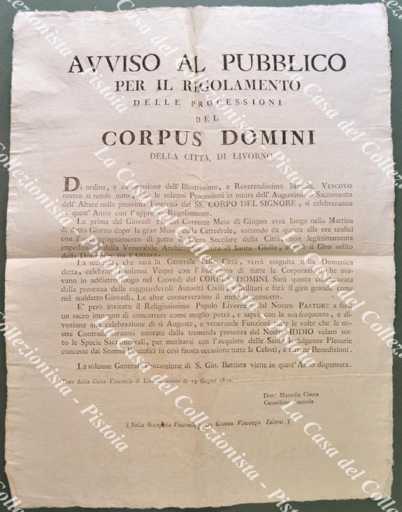 Toscana – Livorno. PROCESSIONE DEL CORPUS DOMINI. Bando del 1810 contenente il programma della processione di giovedì 21 e domenica 24 giugno.