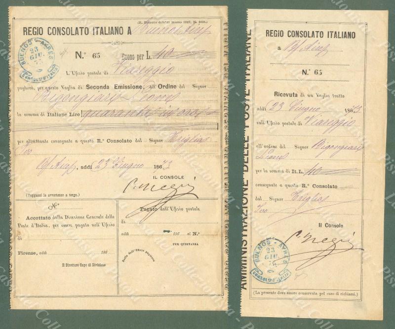 Storia regno 1873. Un vaglia (e sua ricevuta) emesso dal Consolato d'Italia...