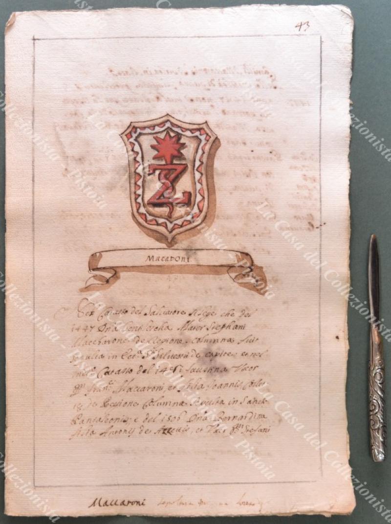 ARALDICA, Roma. FAMIGLIA MACARONI. Manoscritto seicentesco con stemma all'acquarello.