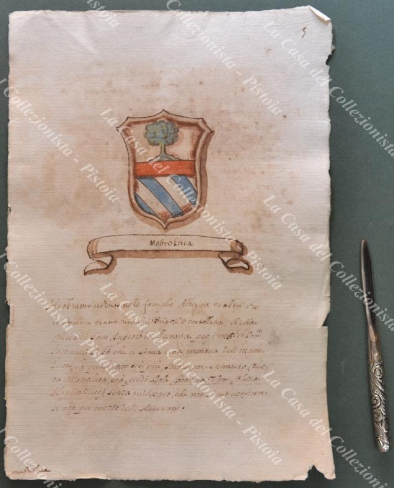 ARALDICA, Roma. FAMIGLIA MASTRO LUCA. Manoscritto seicentesco con stemma all'acquarello.