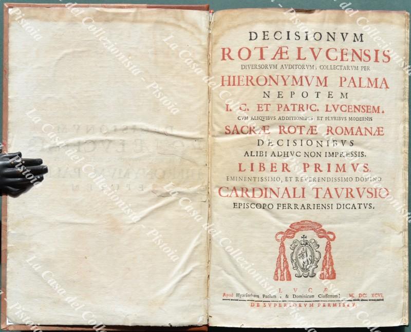 DECISIONUM ROTAE LUCENSIS DIVERSORUM AUDITORUM, COLLECTARUM PER HIERONYMUM PALMA NEPOTEM I.C. ET PATRIC. LUCENSEM. CUM ALIQUIBUS ADDITIONIBUS, ET PLURIBUS MODERNIS SACRAE ROTAE ROMANAE DECISIONIBUS ALIBI ADHUC NON IMPRESSIS. LIBER PRIMUS (- QUARTUS). Lucca, Giacinto Paci e Domenico Ciufetti, 1696.