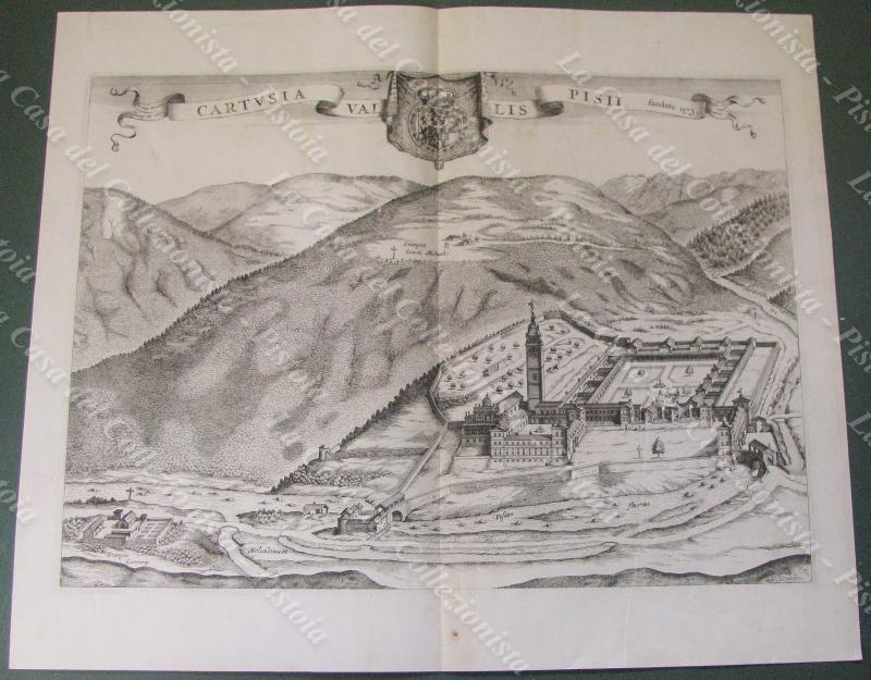 PIEMONTE, CERTOSA DI PESIO. “CARTUSIA VALLIS PISII fundata 1173”. Acquaforte. Blaeu, 1726