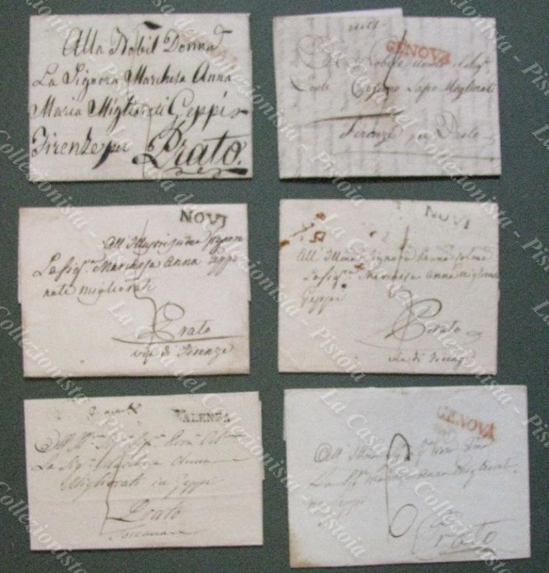 LIGURIA, PIEMONTE, TOSCANA. 6 lettere per Prato