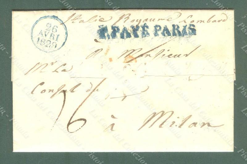 P.PAYE' PARIS in azzurro su lettera per Milano del 1829