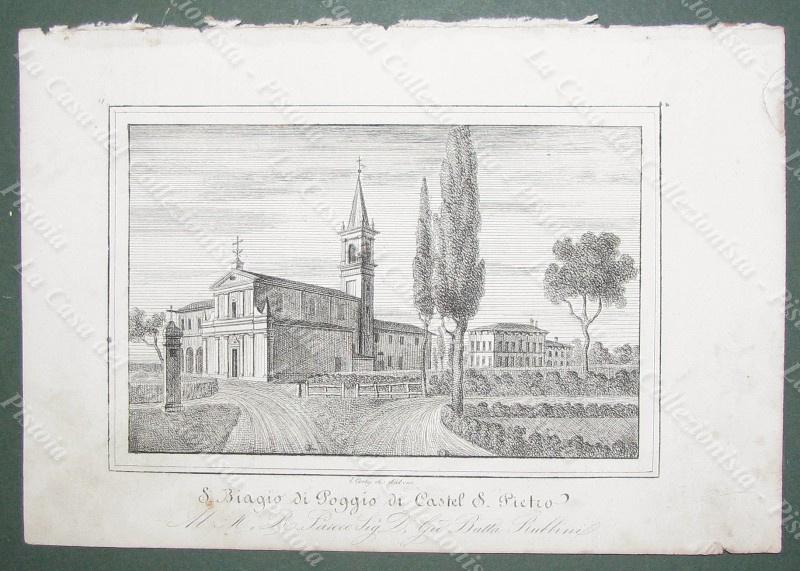 CASTEL S.PIETRO, dintorni Bologna. Chiesa di Castel S.Pietro. Litografia dis. da E.Corty. Anno 1837
