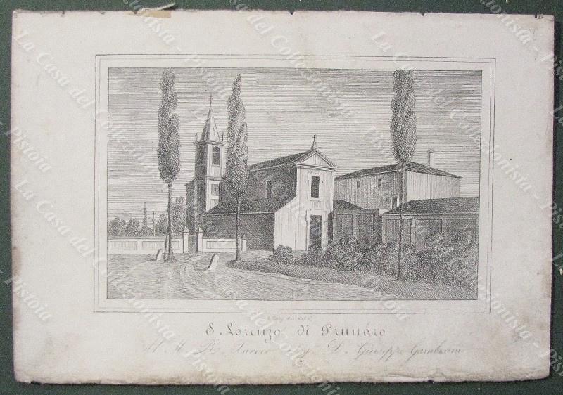 PRUNARO, dintorni di Bologna. Chiesa di S. Lorenzo. Lito dis. da E.Corty. Anno 1837