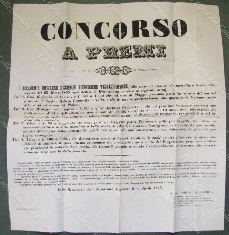 EMPOLI. 1 aprile 1865. Concorso a Premi Accademia Empolese di Scienze Economiche