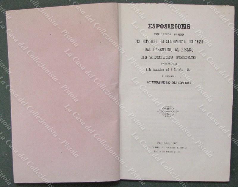 FIUME ARNO 1865. MAMPIERI ALESSANDRO. "ESPOSIZIONE DELL'UNICO SISTEMA PER REPRIMERE GLI STRARIPAMENTI...". Perugia, Tip. Bartelli, 1865