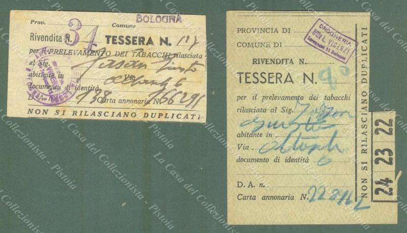 PRELEVAMENTO DEI TABACCHI. 2 tessere annuarie drogheria Vincenzi di Bologna; secoda guerra.