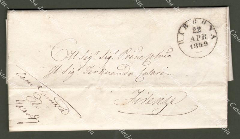 PREFILATELIA, Toscana. BIBBONA doppio cerchio nero su lettera del 1849 per Firenze.