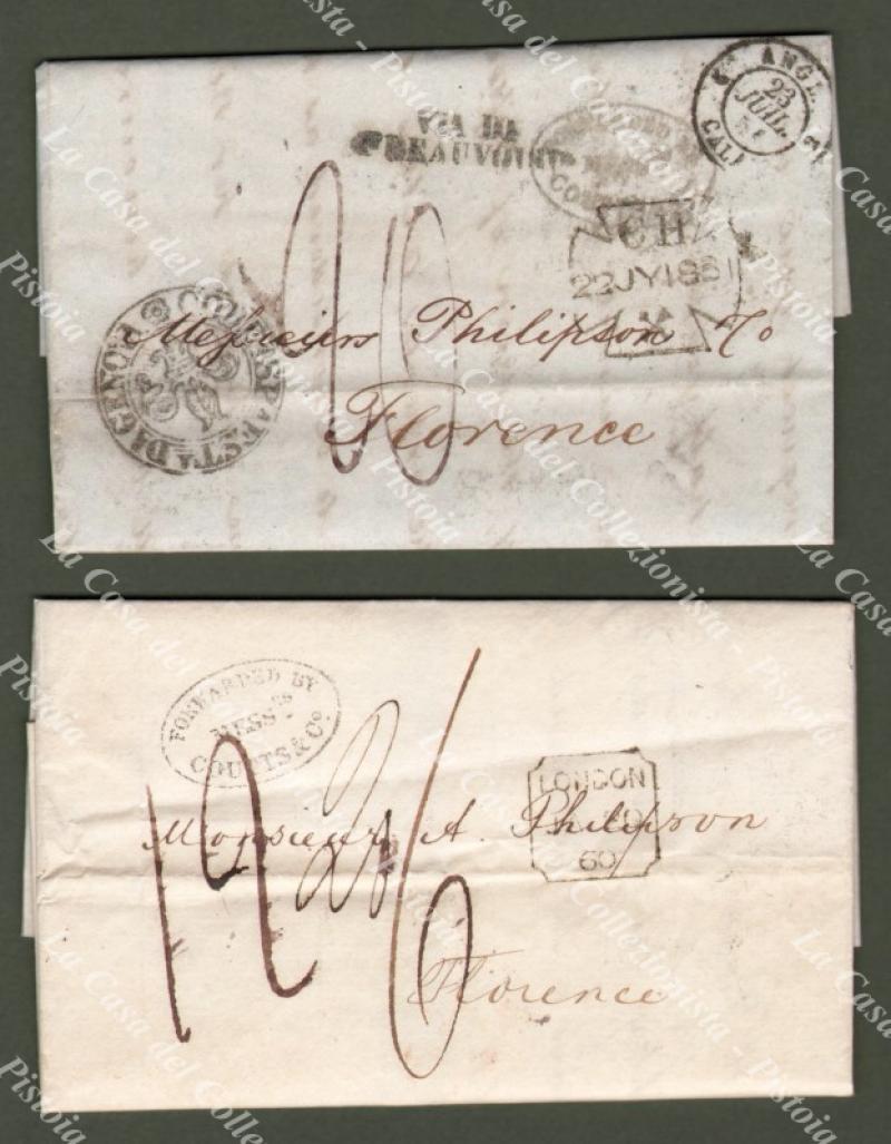 PREFILATELIA. FORWARDED BY MESS.rs COUTTS & C.O.. Bollo nero ovale su 2 lettere dall'Inghilterra per Firenze del 1851 e 1860.