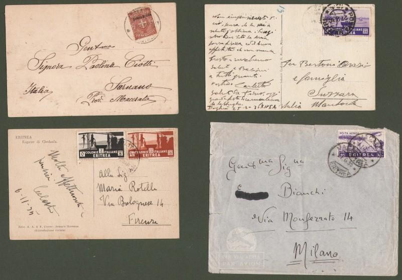 Storia postale. ERITREA. Una lettera e tre cartoline.