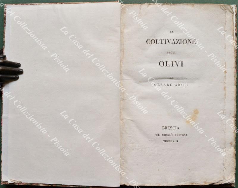 (Olivicoltura) ARICCI CESARE. LA COLTIVAZIONE DEGLI OLIVI. Brescia, per Nicolò Bettoni, 1808. Opera collazionata e completa. Raro.