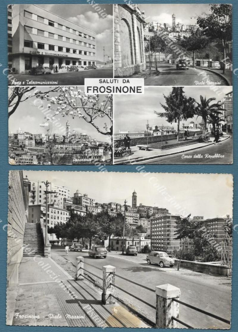 FROSINONE. Saluti da. 2 cartoline d'epoca formato grande, viaggiate nel 1959.