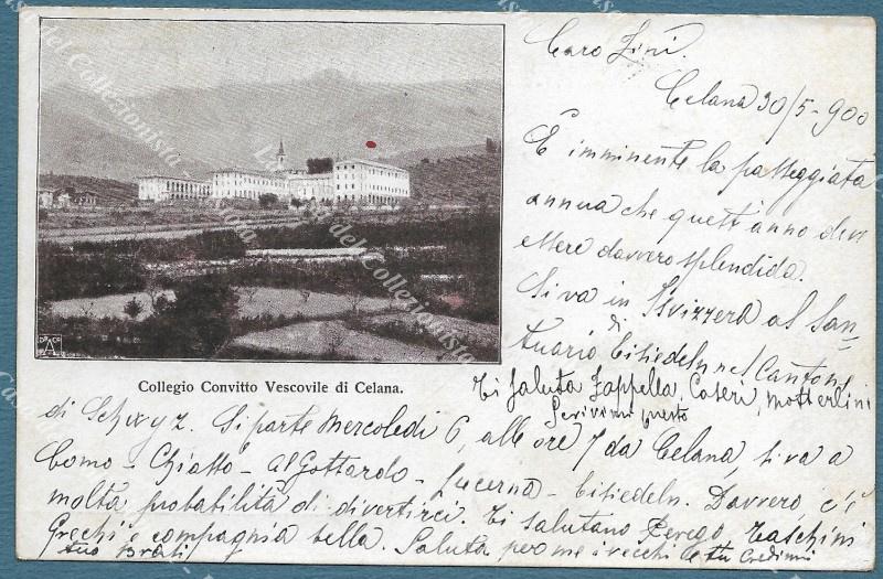 CELANA, Bergamo. Collegio Vescovile. Cartolina d'epoca viaggiata nel 1900