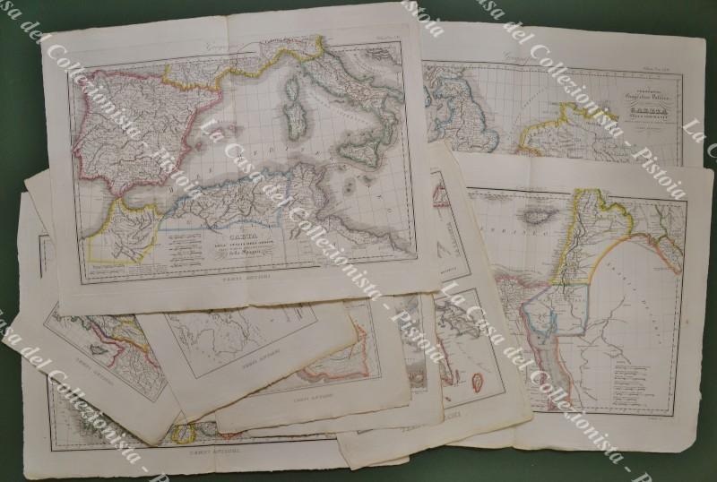 GEOGRAFIA ANTICA. Insieme di 12 carte (4 sono doppie) acquarellate all’epoca. Anno 1838.