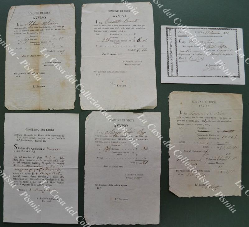 RIETI, Governo Pontificio. Insieme formato da 4 avvisi, una ricevuta ed una intimazione. Anni 1816 - 1842.