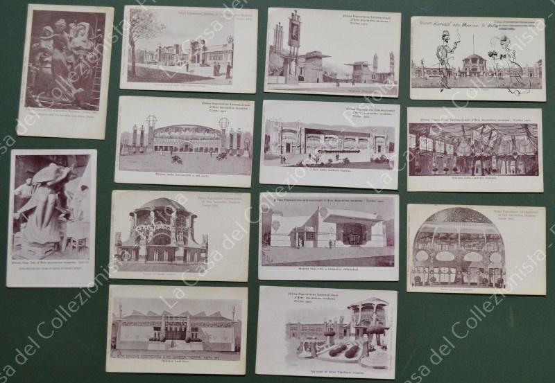 TORINO 1902. PRIMA ESPOSIZIONE INTERNI D'ARTE DECORATIVA MODERNA. Insieme di 13 diverse cartoline