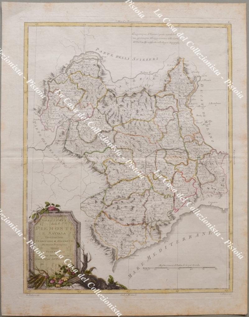 Piemonte, Savoia. GLI STATI DEL PIEMONTE E SAVOJA. Divisa nè suoi Territori e Distretti Di nuova Projezione. Venezia, Antonio Zatta, 1782.