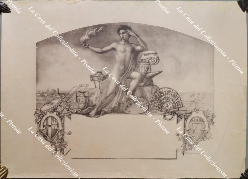 Umbria. TULLIO BENDINI, pittore tifernate. Grande disegno a matita firmato realizzato probabilmente per un diploma o manifestazione.