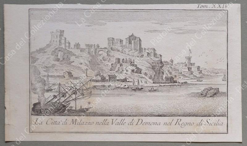 MILAZZO. Veduta generale. Acquaforte. Salmon, ediz. di Venezia, circa 1750
