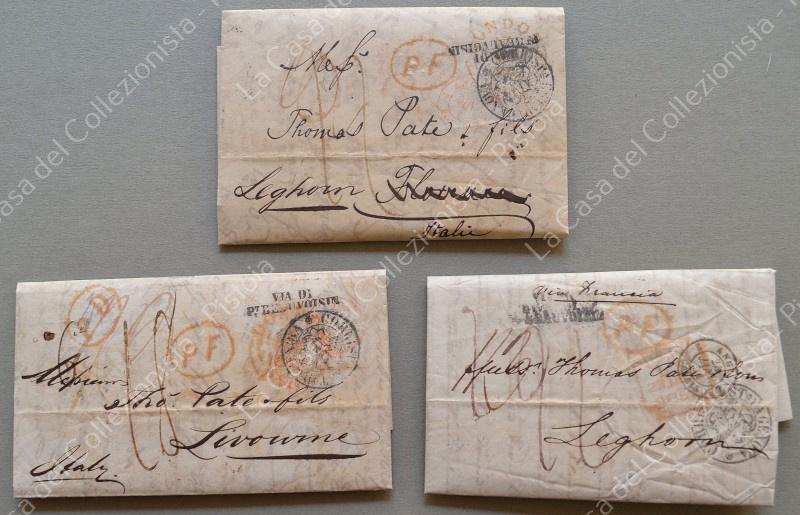 POSTA ESTERA DA GENOVA. Bollo nero in arrivo a Livorno: 3 lettere dall'Inghilterra del 1847 e 1851. Complete del testo