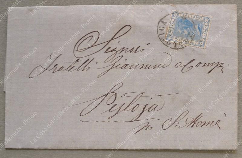 FOLLONICA. Cerchio semplice senza datario su cent. 20 azzurro del 15 luglio 1872 per Pistoia