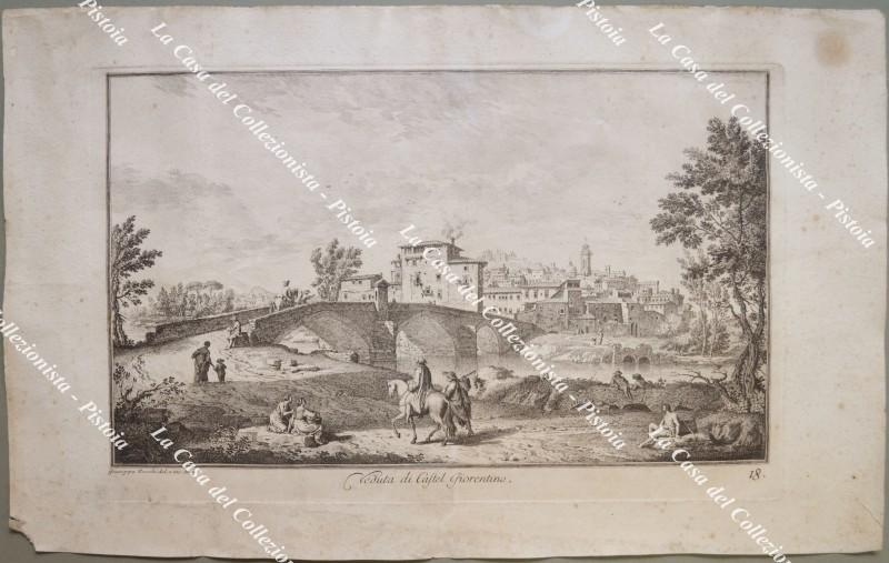 TOSCANA. VEDUTA DI CASTEL FIORENTINO. Incisione all'acquaforte di Giuseppe Zocchi. Circa 1744.