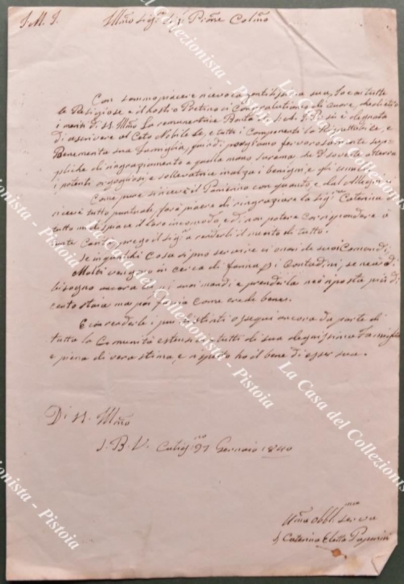 CUTIGLIANO (Pistoia). Lettera autografa del 27 gennaio 1840 di suor Caterina Eletta Paperini badessa del convento di Cutigliano.