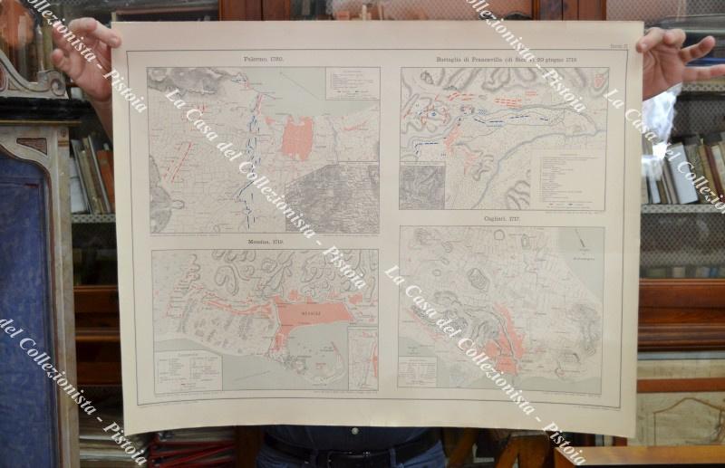 SICILIA - SARDEGNA. Grande tavola stampata a colori tratta da "CAMPAGNE DEL PRINCIPE EUGENIO DI SAVOIA" opera stampata in Torino dalla tipografia L. Roux & Co. tra il 1889 e il 1902. L'opera si compone di 20 volumi di testo e di un atlante di grandi carte finemente incise in litografia.
