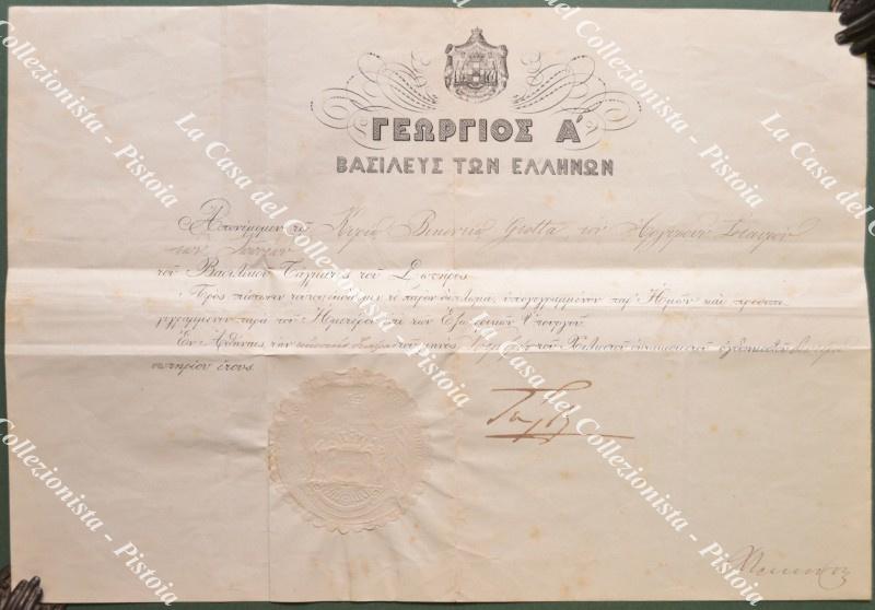 GIORGIO I (1845 - 1913). Re di Grecia. Diploma per conferimento di onorificenza con sigillo a secco e firma del re.