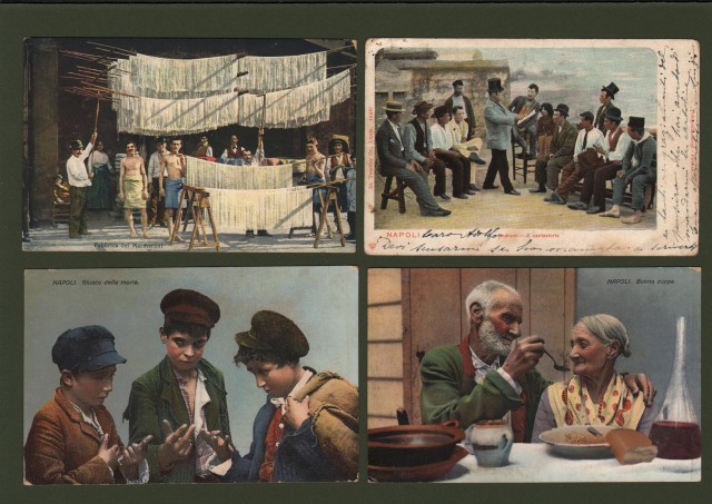 COSTUMI NAPOLETANI. Quattro cartoline a colori.