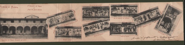 (Toscana) RICORDO DI PISTOIA. Cartolina d'epoca tripla raffigurante l'ospedale del Ceppo ed i fregi robbiani. Viaggiata nel 1904.