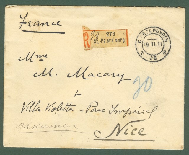 RUSSIA. 19.11.1911. Registered cover for Nice