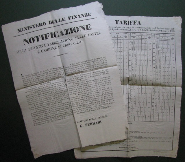 Fabbricazione del vetro - Stato Pontificio. Notificazione sulla privativa fabbricazione delle lastre e campane di cristallo