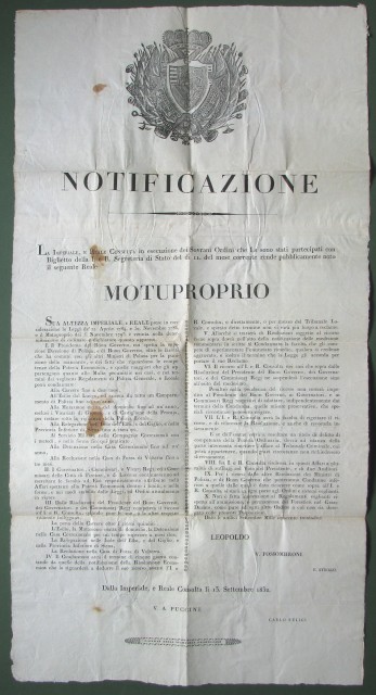 (Toscana - Pene per reati economici) Bella notificazione del 1832 che conferisce al presidente del Buon Governo la facoltà  di aggiungere alle multe pecuniarie altri tipi di condanna