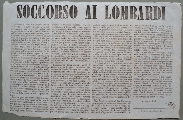 Risorgimento italiano. SOCCORSO AI LOMBARDI. Foglio volante di cm 40x26,5 datato 27 marzo 1848 e stampato dalla tipografia del Salvator Rosa a Napoli.