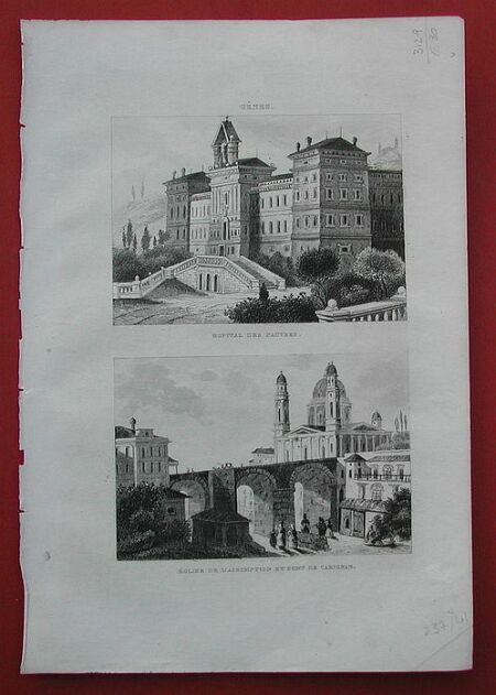 GENOVA. Hopital des Pauvres - Eglise de lAssomption et pont de Carignan. Insieme di due vedute